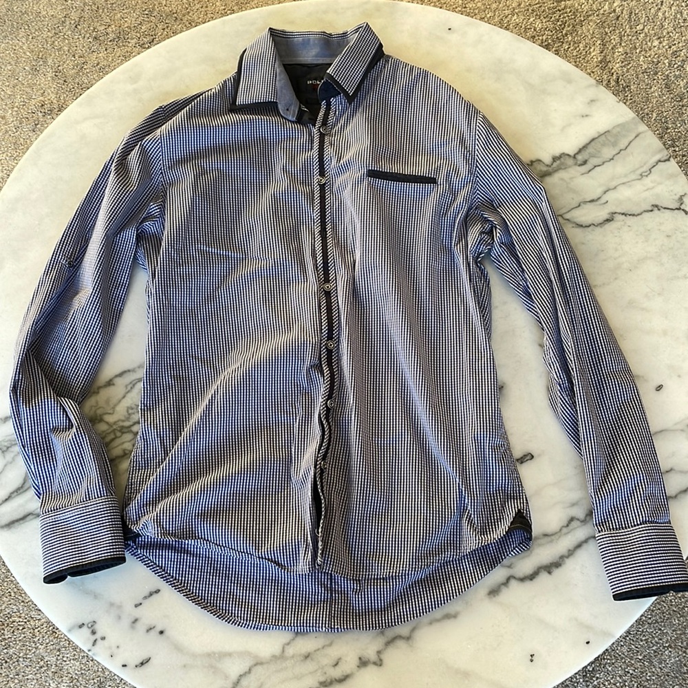 Politix Blue/White Button Down, Long Sleeve Shirt - Medium